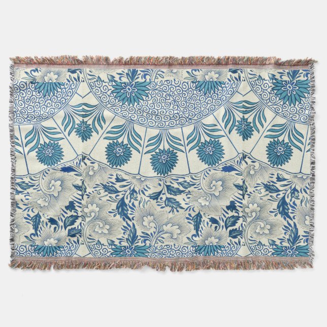 Manta Tejida Patrón floral azul Diseño antiguo asiático (Anverso)