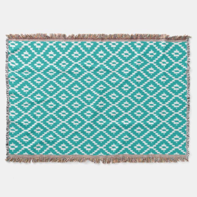 Manta Tejida Patrón Ikat - Turquesa y blanco (Anverso)