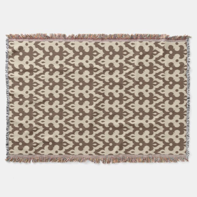 Manta Tejida Patrón marroquí de damasco de ikat, taúpe y beige (Anverso)