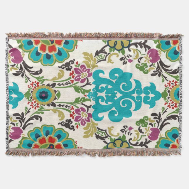 Manta Tejida Patrones florales Damask Plum Turquoise (Anverso)