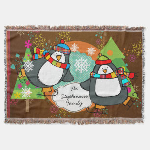 Manta Tejida Pingüinos de patinaje y árboles de Navidad lanzado
