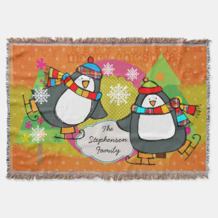 Manta Tejida Pingüinos de patinaje y árboles de Navidad lanzado