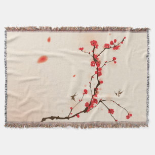 Manta Tejida Pintura oriental del estilo, flor del ciruelo en