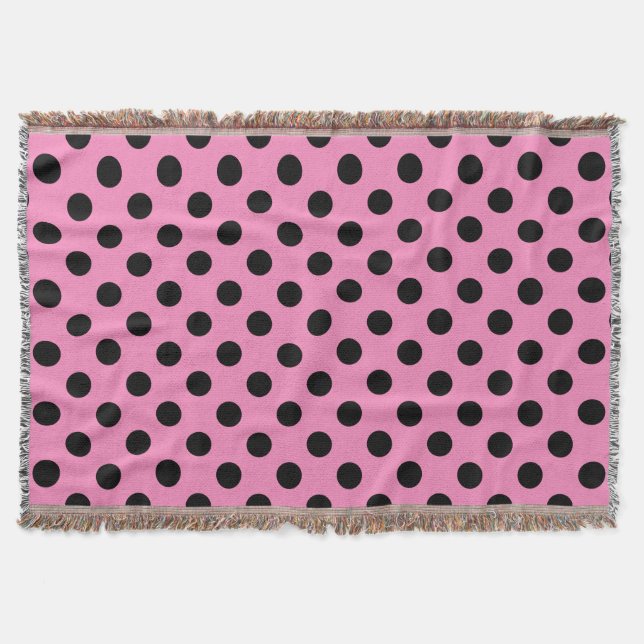 Manta Tejida Pos de polka negro sobre rosa (Anverso)