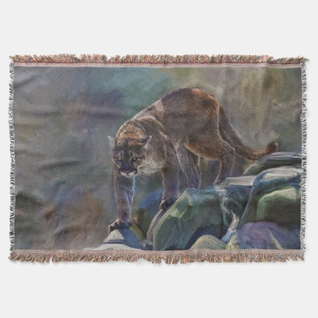Manta Tejida Prowling Cougar Mountain Lion Wildlife Art Design (Anverso)