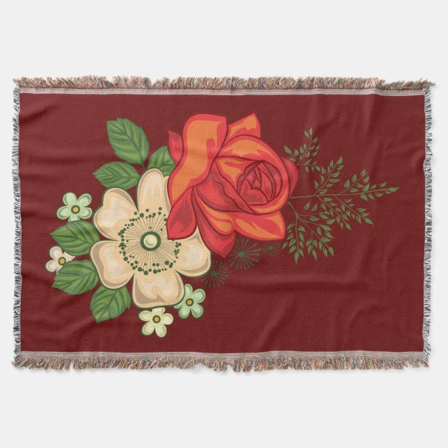 Manta Tejida Rosa Roja y Margaritas (Anverso)