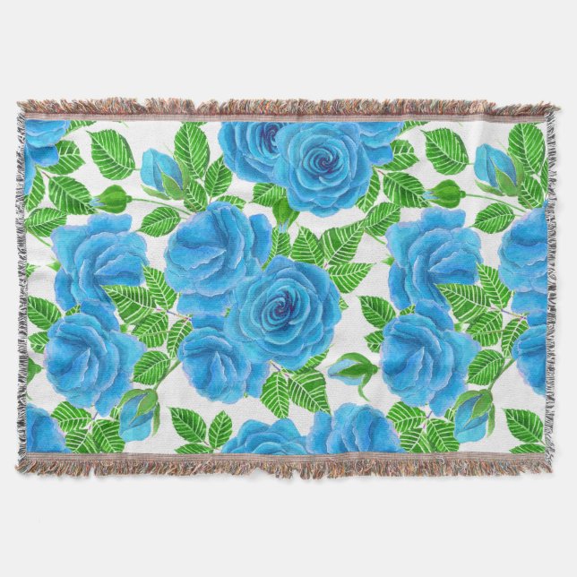 Manta Tejida Rosas azules acuarela patrón transparente (Anverso)