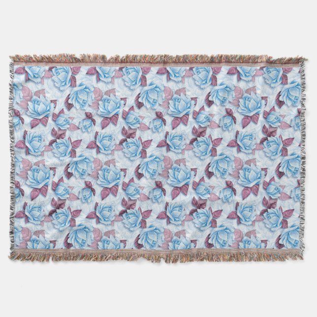 Manta Tejida Rosas azules. Patrón floral (Anverso)