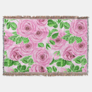 Manta Tejida Rosas de acuarela rosa con hojas y brotes