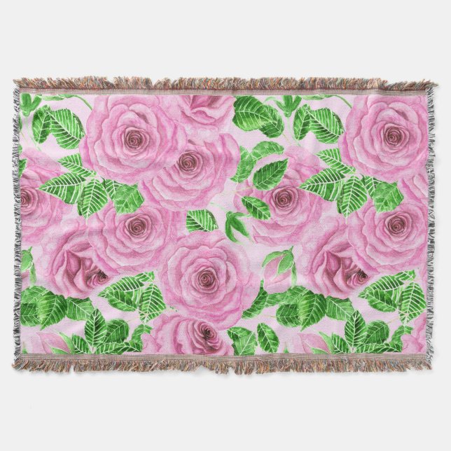 Manta Tejida Rosas de acuarela rosa con hojas y brotes (Anverso)