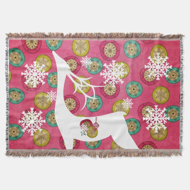 Manta Tejida Snowflake Orbs White Deer Holiday Throw (Anverso)