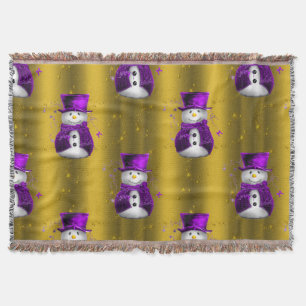 Manta Tejida Snowman púrpura sobre Navidades de oro