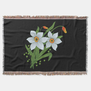 Manta Tejida Tulipanes y Narcisos Flores Fondo Negro
