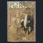 Manta Tejida Vintage Art Nouveau Flirt Biscuits, Alphonse Mucha<br><div class="desc">Diseño de poster publicitario de ilustracion vintage francés Art Nouveau para Flirt Biscuits de Alphons Mucha. c. 1899. Este diseño de anuncios de amor y romance presenta a una pareja recién casada que coquetea con novios. La mujer está en un elegante vestido de boda victoriano y el hombre está en...</div>