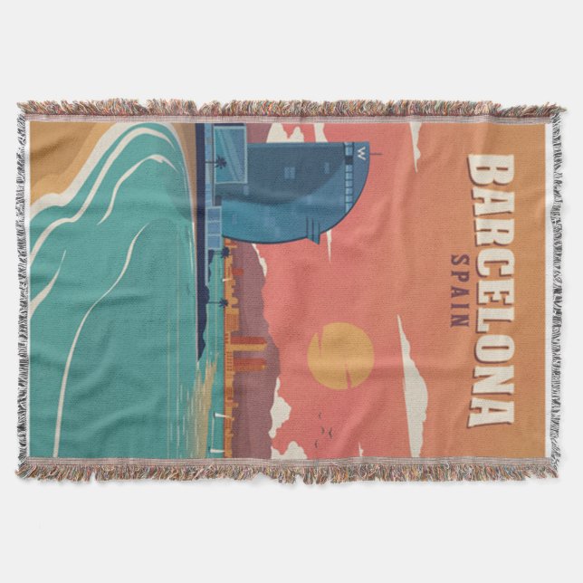 Manta Tejida Vintage Barcelona Beach Poster (Anverso)