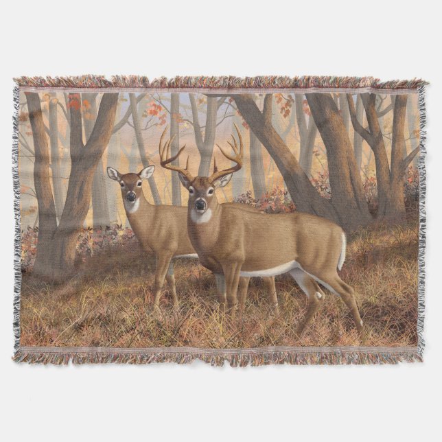 Manta Tejida Whitetail Deer Buck & Doe Otumn Maple Woods (Anverso)