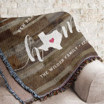 Manta Texas Home State Personalizado Wood Look<br><div class="desc">Muestra algo de orgullo en el estado de casa con esta linda y rústica manta de tiros de madera en imitación de "casa" con letras de caligrafía blanca con un mapa de silueta del estado de Texas representando la letra "O". Un ilustracion de corazón rosa dentro del mapa de estado...</div>