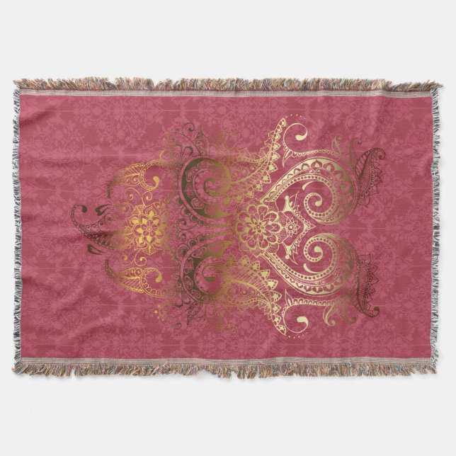 Manta Throw Blanket Gold Ornamite indio Damask fuchsia (Anverso)