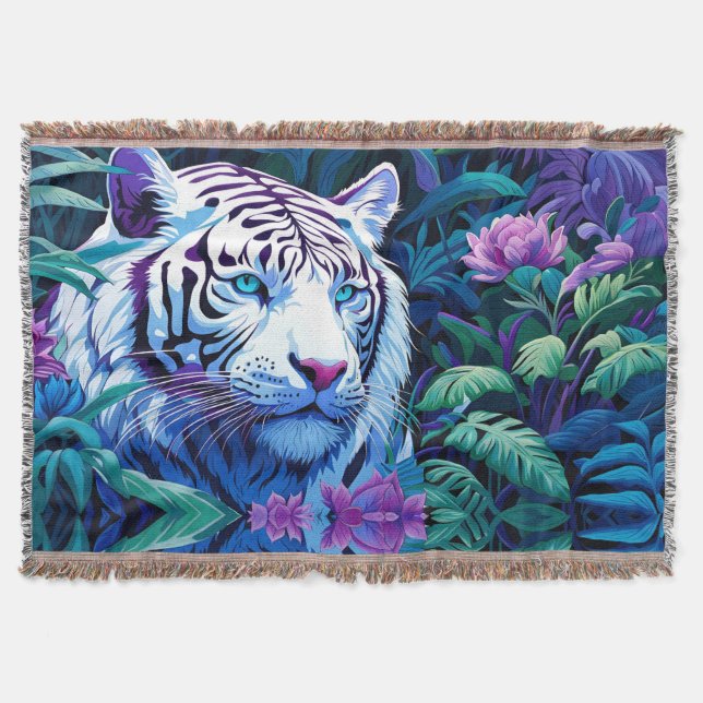 Manta Tigre blanco con flores moradas (Anverso)