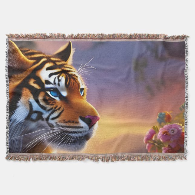 Manta Tigre de ojos azules y flores rosas (Anverso)