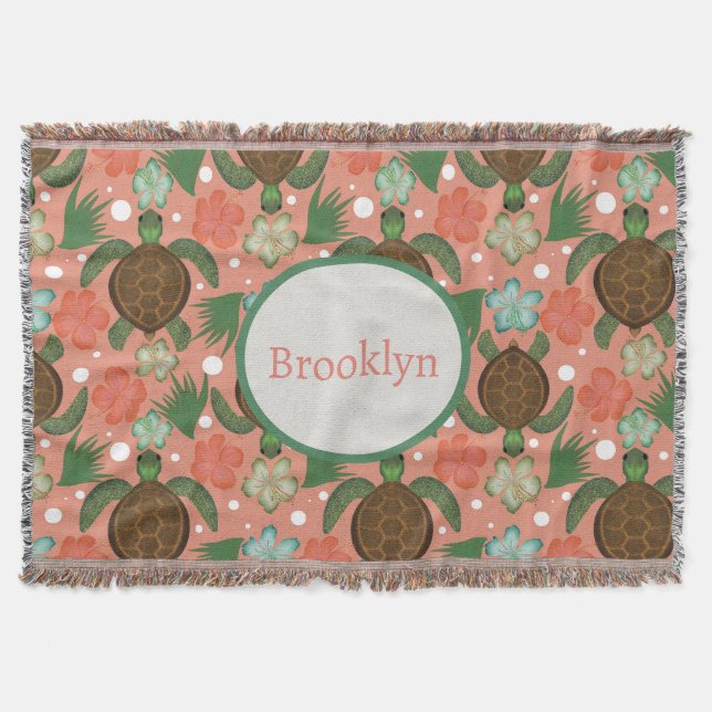 Manta Tortuga marina e Hibiscus Coral Nursera floral ros (Anverso)