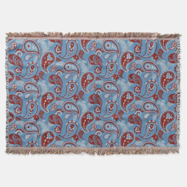 Manta Tradicional Paisley Linocut Rojo Azul Blanco (Anverso)