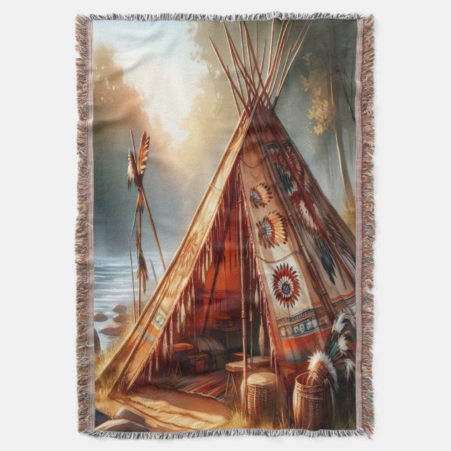 Manta Tranquila tepee indígena junto a un río sereno (Frente vertical)