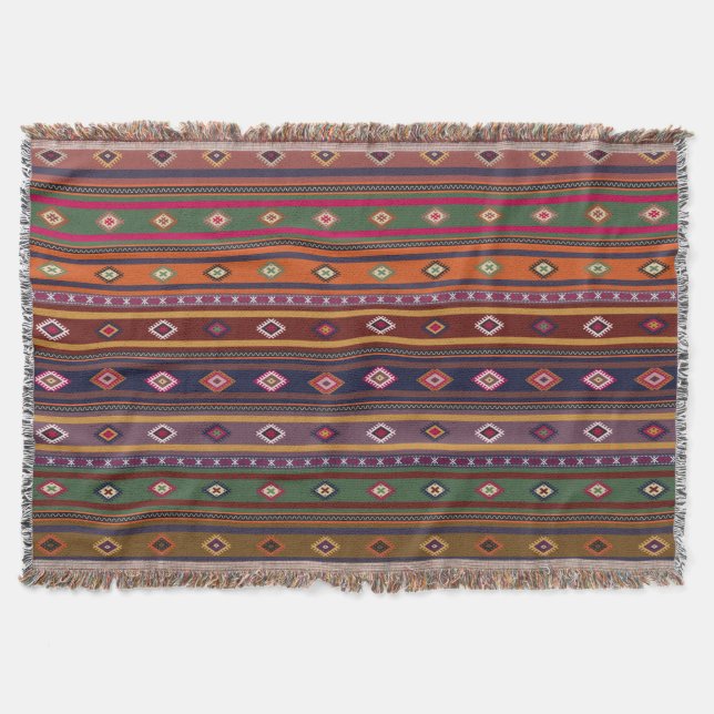Manta Tribal colorida en el patrón kilim turco (Anverso)