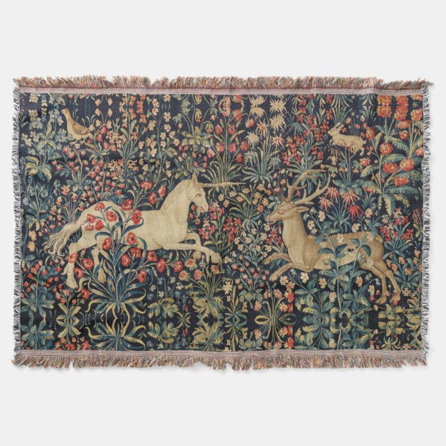 Manta UNICORN Y DEER,FLORES, ANIMALES FORESTALES Florale (Anverso)