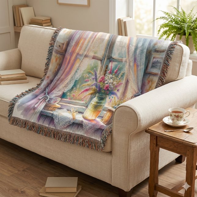 Manta Ventana de cabaña soleada flores silvestres (Sunlit Cottage Window Wildflowers Throw Blanket)
