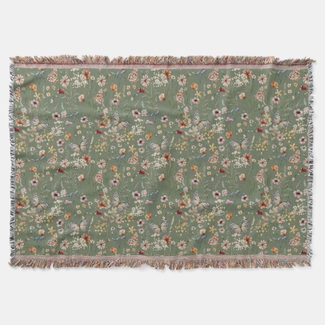 Manta Verde Bohemio Floral para Lanzar (Anverso)