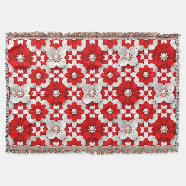Manta Vibrant Red And White Floral Pattern With Pearl (Anverso)