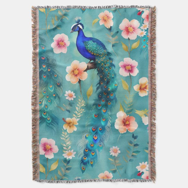 Manta Vibrante Peacock con plumas y flores exuberantes (Frente vertical)
