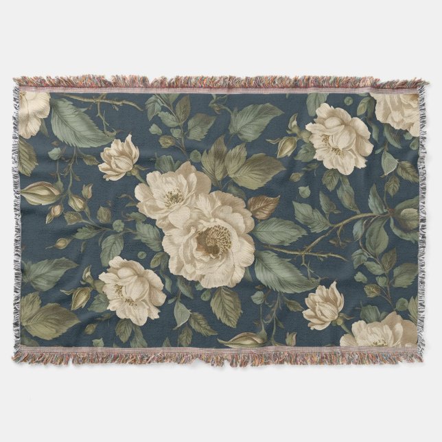 Manta Victorian Navy & Cream Floral Botanical Blanket (Anverso)