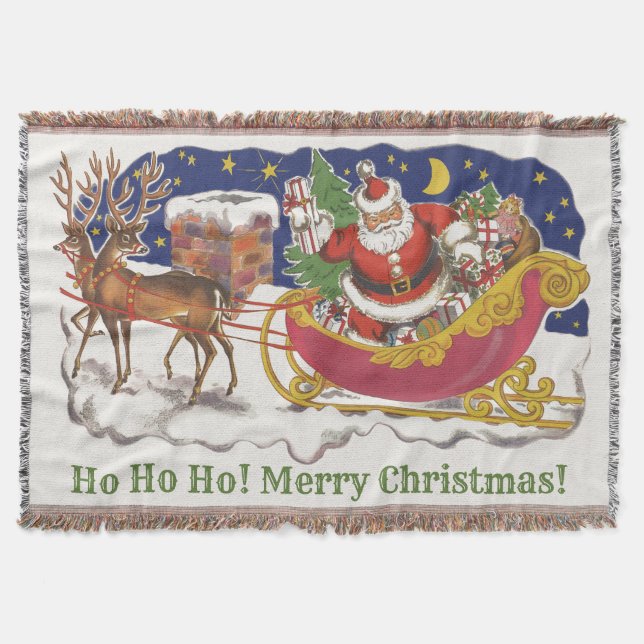 Manta Vintage Christmas, Jolly Santa Claus con Sleigh (Anverso)