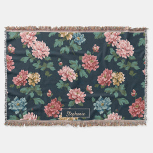 Manta Vintage Colorous Peony Pattern sobre fondo negro