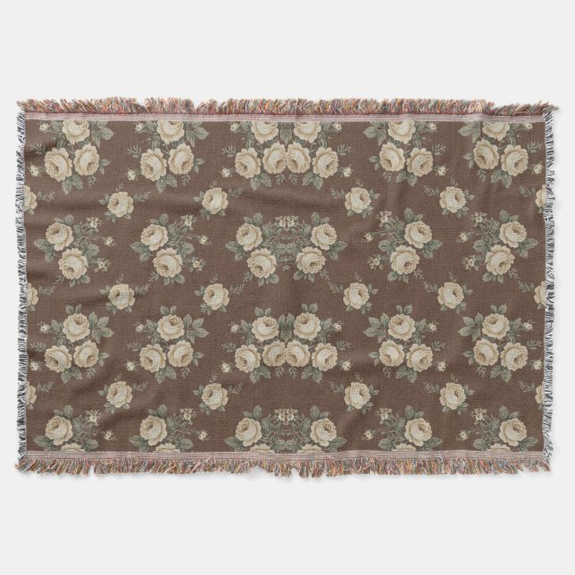 Manta Vintage Cream Roses on Mocha Brown Pattern (Anverso)