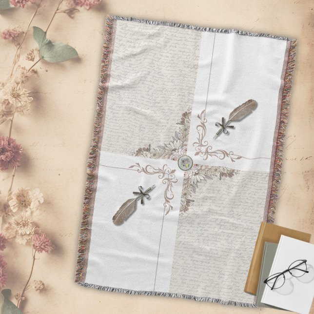 Manta Vintage Floral Literary Manuscript Woven Fringe (Instantly add texture and cozy sophistication to your favorite reading space )