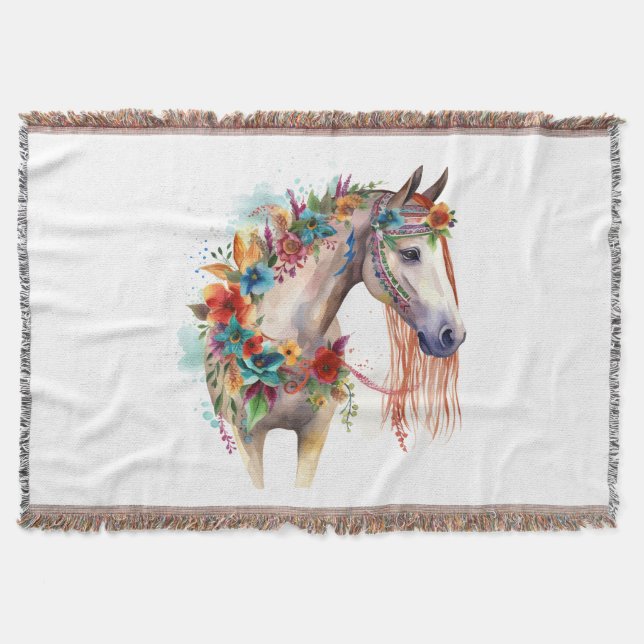 Manta Watercolor Flor Boho Horse Pastel (Anverso)