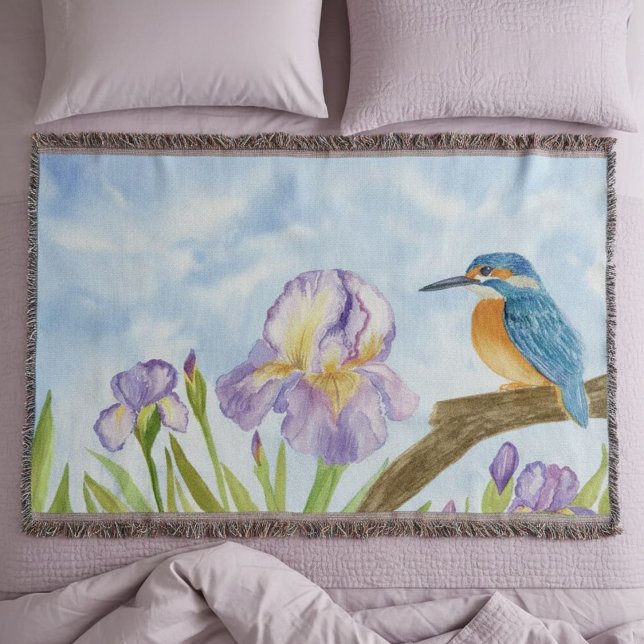 Manta Watercolor Kingfisher with Purple Irises (Subido por el creador)
