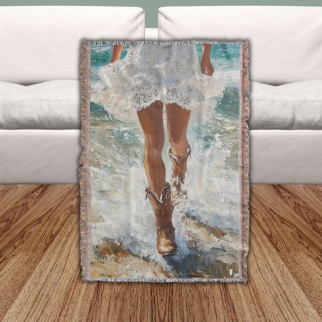 Manta Western Fringe Throw Blanket Cowgirl Beach (Cowgirl Walking Through The Waves on Beach in White Eyelet Skirt Western Fringe Throw Blanket)