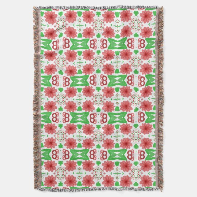 Manta Whimsical Red Flowers Green Leaves On White Art (Frente vertical)