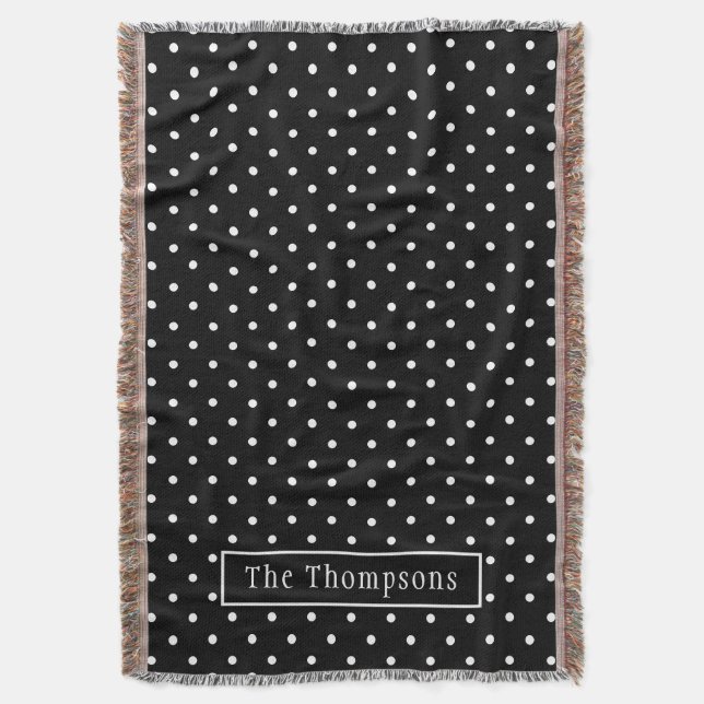 Manta White On Black Polka Dots Pattern With Custom Name (Frente vertical)