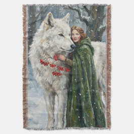 Manta White Wolf Redhead Druid Winter Berries Fantasy Ar