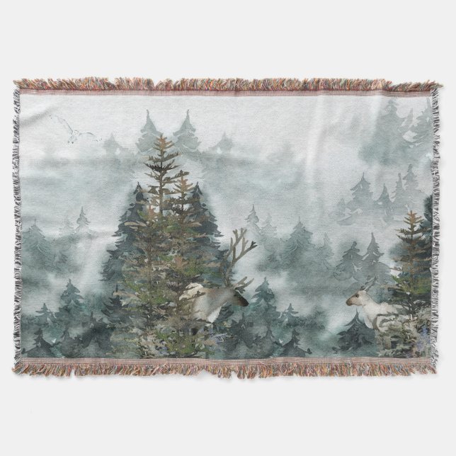 Manta Winter Woodland Foggy Mountain Stag Deer Th (Anverso)