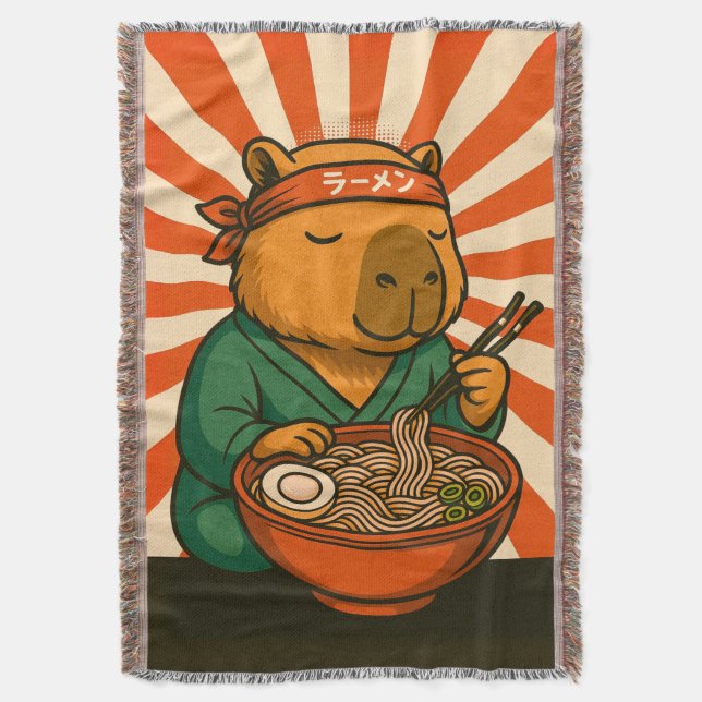 Manta Zen Capybara Comiendo Ramen con Rayas Radiantes (Frente vertical)