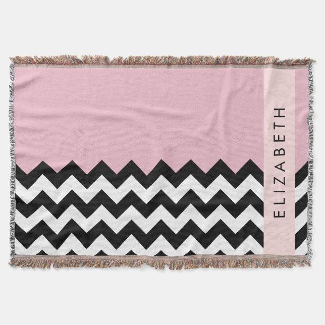 Manta Zigzag negro y blanco, chevron, rosado, tu nombre (Anverso)