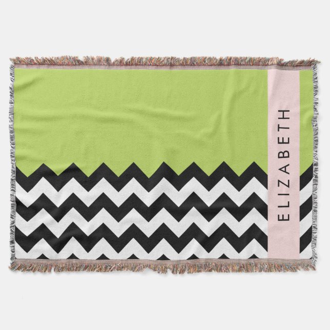 Manta Zigzag negro y blanco, chevron, verde, tu nombre (Anverso)