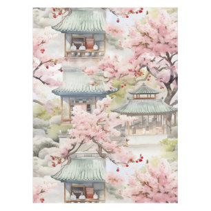 Mantel Acuarela de la pagoda asiática en medio de flores