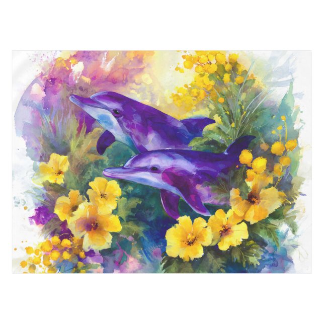 Mantel Acuarela Océano Delfines Flores Tropicales (Frente (Horizontal))
